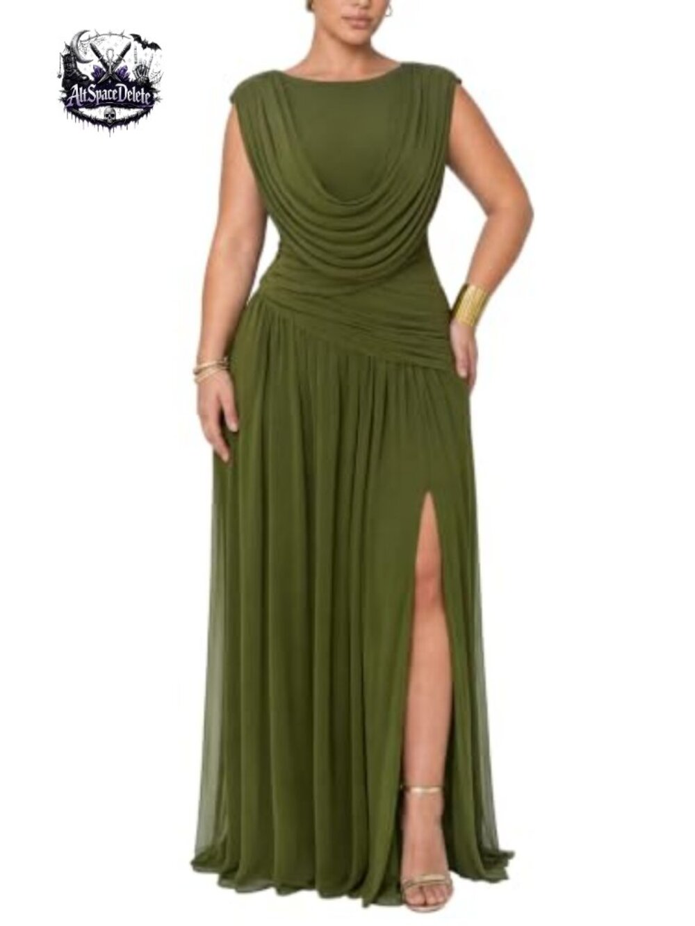 Convertible Cowl Neck Ruched Mesh Bodycon Maxi Dress Slit